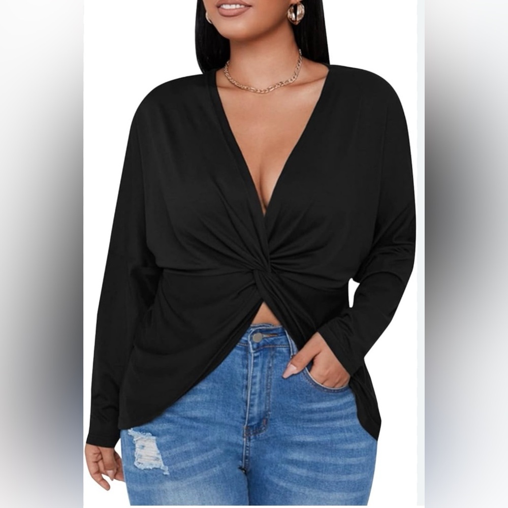 Elegant Black Twist Front Top Women Long Sleeve T-Shirt V Neck Plus Size Top 3X